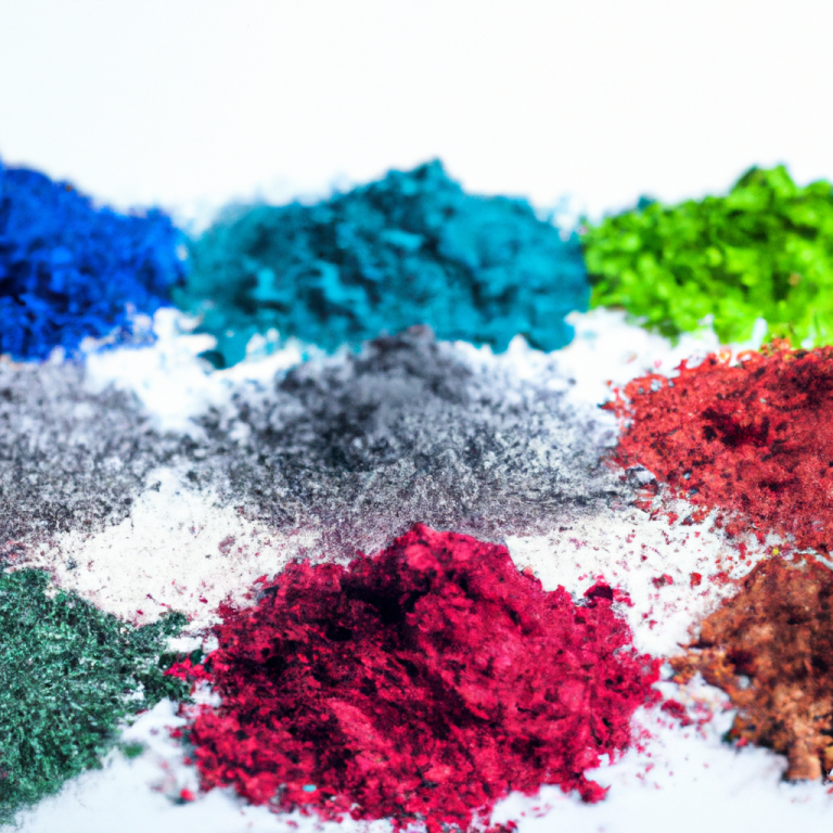 Piles of colorful powder in various shades, including blue, green, red, and silver.